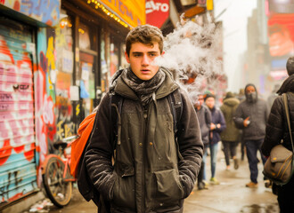 A young man walking down a busy urban street, exhaling smoke on a cold day, bundled up in winter clothing.