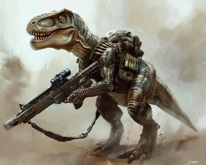 Armed with a gun a dinosaur becomes a symbol of technological dominance