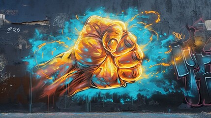 Street art artistic image of glowing fist with words fighters of fortuna surrounded by fire periwinkle cyan yellow 