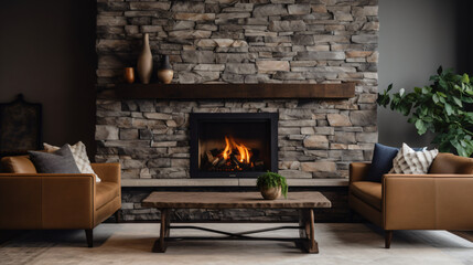 A stone fireplace in a living room