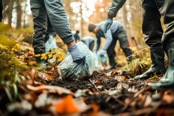 A group of volunteers gather to clean up a forest, picking up trash and working together to preserve the natural environment.