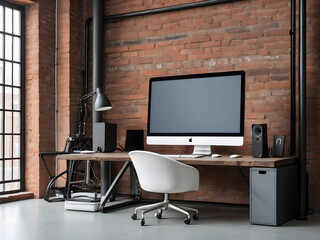 Computer all-in-one with a blank screen front in industrial loft office interior design.