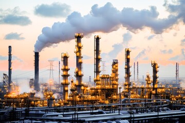 Fototapeta premium Dramatic industrial scene of a factory with smokestacks against a vivid sunset, symbolizing energy production and environmental concerns.