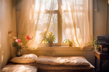 A charming and warm bedroom interior bathed in soft morning sunlight with sheer curtains, fresh flowers, and a vintage vibe.