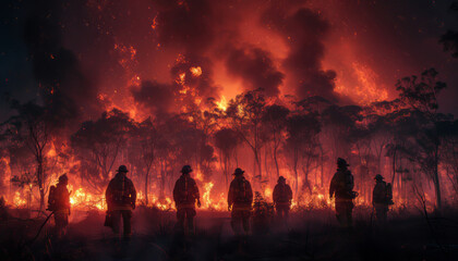 Obraz na płótnie Canvas group of firefighters stand in front of a burning forest, in the style of tabletop photography, 8k resolution, australian landscapes,generative ai