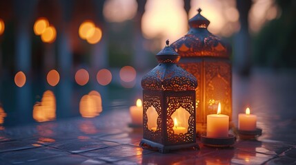 Islam people in ramadhan with a lantern on the mosque, food, happpy vibes, islamic and floating lantern background