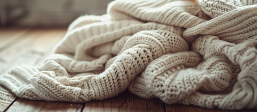 Retro-style image of white knitted sweaters on a wooden table.