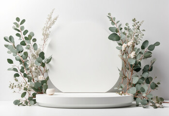 wreath of flowers on white wall with copy space