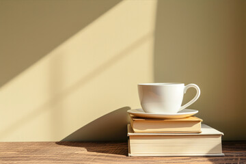 Coffee cup and books on wooden table in morning light.