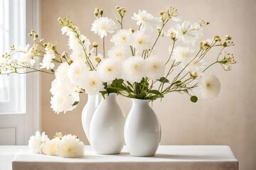 bouquet of white flowers in vase, Home interior with white flowers in a vase on a light background for product display. The minimalist setting allows the delicate blooms to take center stage, their pr