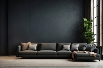 black modern living room with sofa, copy space