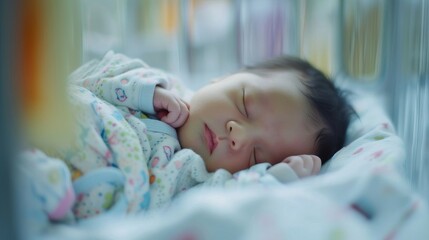 Newborn baby girl sleeping peacefully in a crib. Isolated on a white background.