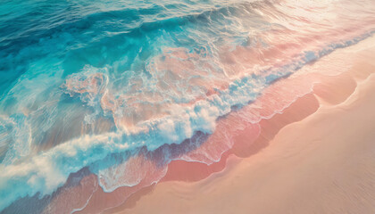 Fototapeta na wymiar Pastel colors background of ocean foamy waves hitting the sandy beach. Exotic serene blue sea, tropical summer vacation seaside, holiday recreation concept, pink colors