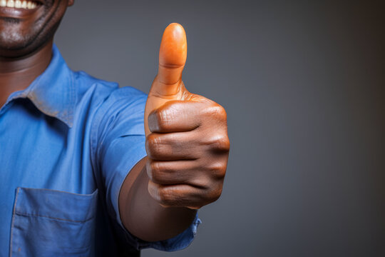Unknown African American man give thumb up, isolated on gray background