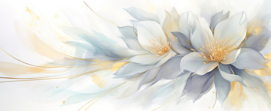 Watercolor background with blue and white lotus flowers. Hand painted illustration.