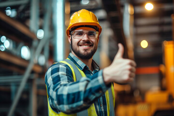 Cheerful senior man shipping company worker standing with thumb up and smiling at camera