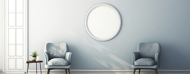 Contemporary room with vintage blue chair and mirror in monochrome, empty wall with copy space