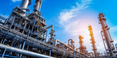 Fototapeta premium Oil and gas industry zone with sunrise and cloudy sky, industrial view at oil refinery plant