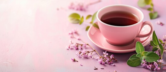 Pink cup holds fragrant herbal tea.