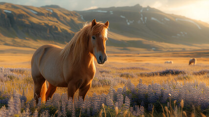 Icelandic horse in a field of lupins at sunset - obrazy, fototapety, plakaty