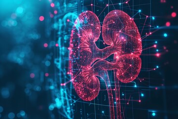 A human kidney in a technological backdrop illustrated dark blue backdrop with a big empty space and technical connections, Generative AI.
