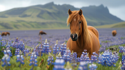 Icelandic horse in wildflower meadow with blue flowers.