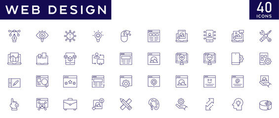 Web design icon set with fully editable stroke thin line vector illustration with coding, development, creativity, technology, responsive, marketing, branding, app, artwork, software