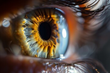 Fototapeta premium Close-up of a persons blue and brown eye with long dark eyelashes.