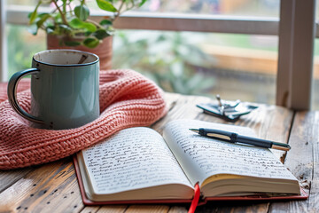 Cozy writing scene with a coffee mug, open notebook, and warm scarf by the window