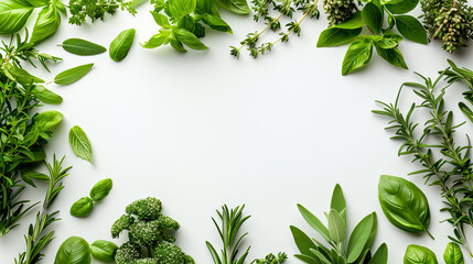 Obraz premium Basil, Rosemary, Sage, Thyme, Parsley, Oregano, Chives, and Bay Leaves with copy space in the center - AI Generated