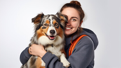 Portrait of a happy young woman with her australian shepherd dog