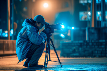 Cameraman working on camera taking film or recording at outdoor, behind the scene concept - obrazy, fototapety, plakaty