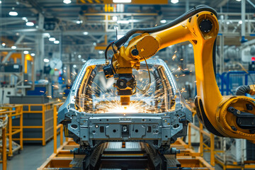 Automobile assembly line production, automation robot arm in a car factory, industrial manufacturer concept - obrazy, fototapety, plakaty