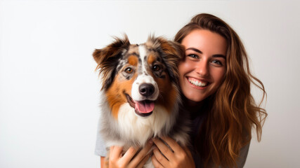 Portrait of a smiling young woman with her australian shepherd dog
