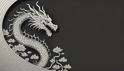 Obraz premium An Eastern dragon made of gray or silver paper cutouts.