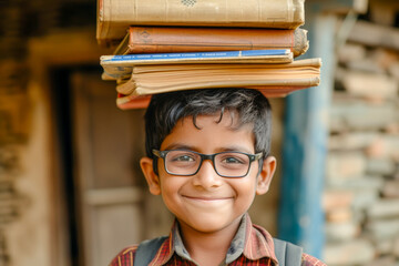 Indian boy with glasses balancing or carrying heavy pile of books over head, back to school concept