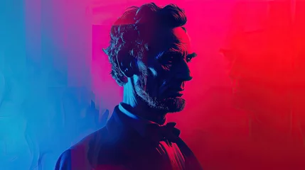 Foto op Plexiglas abstract image of Abraham Lincoln with neon-style in red and blue color of USA flag - AI Generated Abstract Art © Curva Design