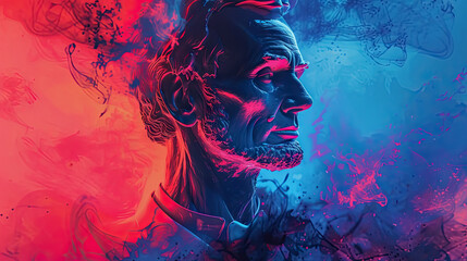 Abstract double exposure portrait of Abraham Lincoln and smoke effect on blue and red color of USA flag - AI Generated Abstract Art - obrazy, fototapety, plakaty