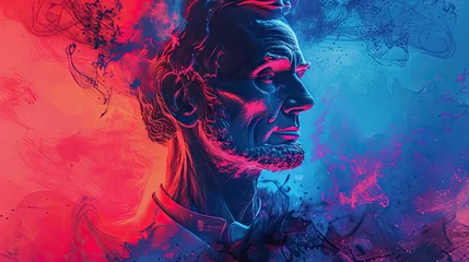 Deurstickers Abstract double exposure portrait of Abraham Lincoln and smoke effect on blue and red color of USA flag - AI Generated Abstract Art © Curva Design