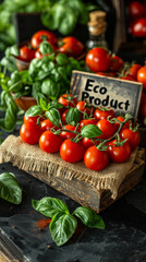 Fresh green basil and tomatoes on wooden surface with Eco Product sign symbolizing organic, sustainable and environmentally friendly food options