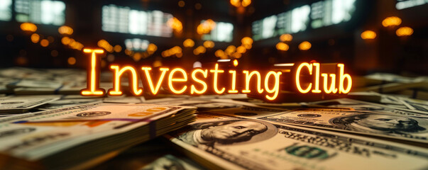 Investing Club golden 3D text floating over a background of hundred-dollar bills, symbolizing group investments and collective financial strategies