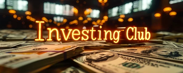 Foto op Canvas Investing Club golden 3D text floating over a background of hundred-dollar bills, symbolizing group investments and collective financial strategies © Bartek