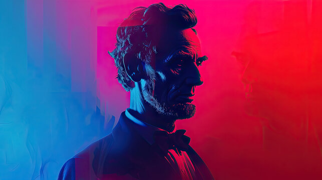 abstract image of Abraham Lincoln with neon-style in red and blue color of USA flag - AI Generated Abstract Art