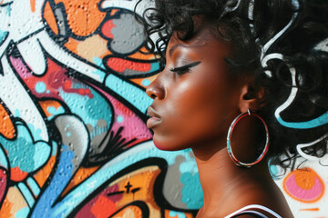 Beautiful african american woman with afro hairstyle on graffiti background