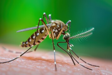 Fototapeta premium Close up of mosquito sucking blood on human skin, Mosquito is carrier of virus.