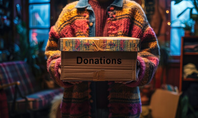 Person in a cozy sweater holding a cardboard box labeled Donations filled with clothing items to support charitable giving and help the needy - obrazy, fototapety, plakaty