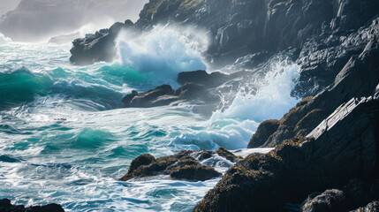 The powerful force of nature is on display as tumultuous sea waves crash against the stark, rugged cliffs under a clear sky.