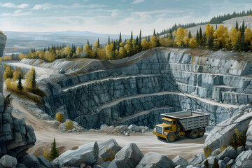 design for construction ad, heavy truck in the quarry. worker, building at digging site. industrial working. blue collar. logistics