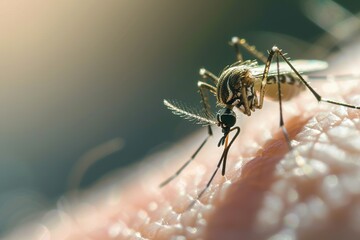 Close up of mosquito sucking blood on human skin, Mosquito is carrier of virus.