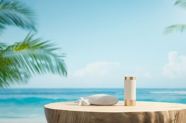 Obraz premium Summer product display on wooden podium at sea tropical beach